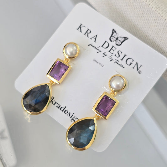 Aretes perla, amatista y labradorita