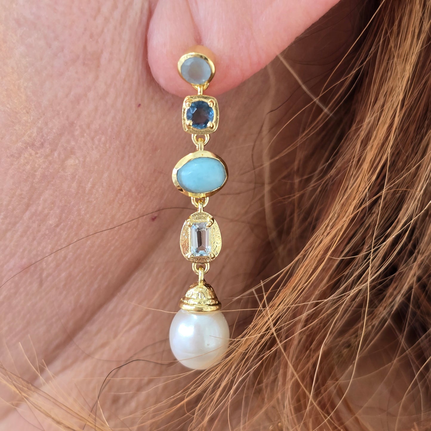 Aretes multi cuarzos con perla