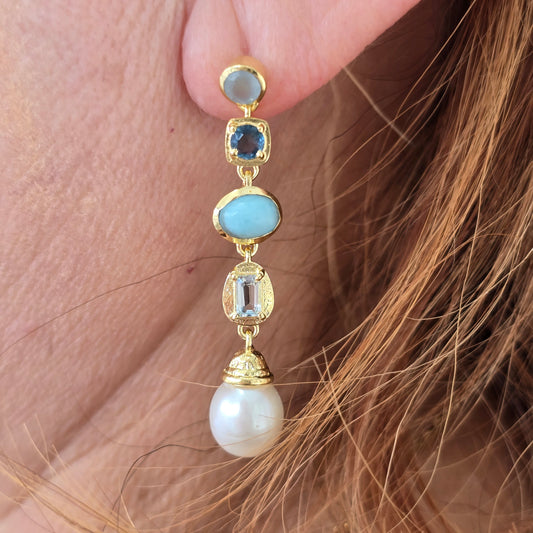 Aretes multi cuarzos con perla