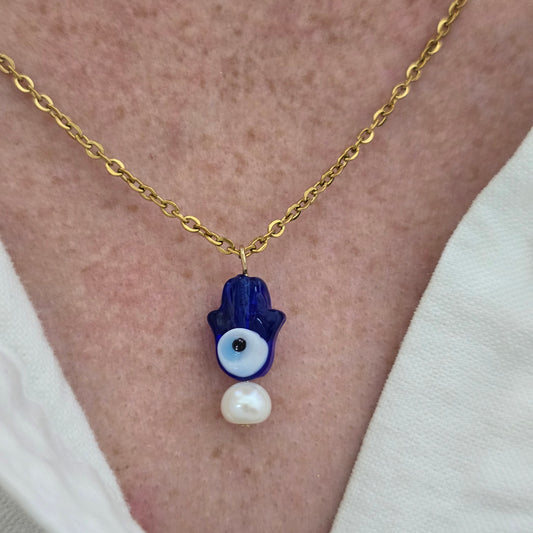 Cadena manita hamsa azul