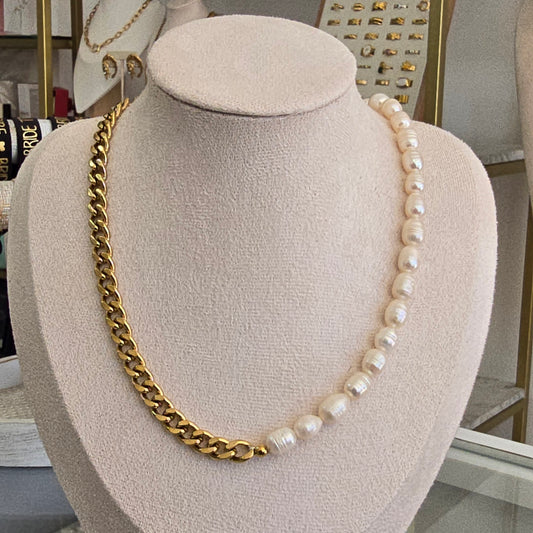 Collar acero mitad perlas