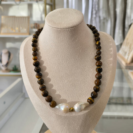 Coller ojo de tigre y perla barroca