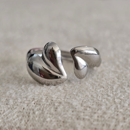 Anillo ajustable doble corazon plata