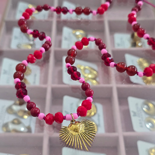 Collar de corazon agata rojo y cristal