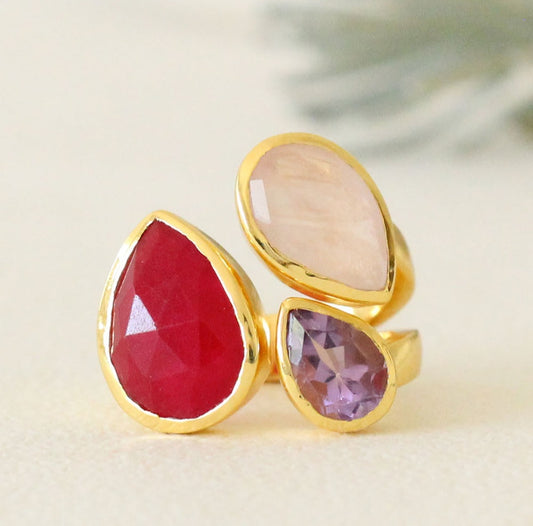 Anillo triple cuarzo rosa y amatista