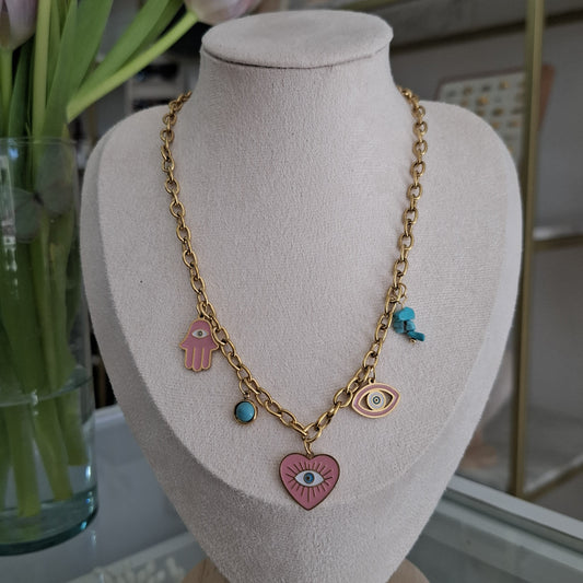 Collar multicharms de ojitos rosas